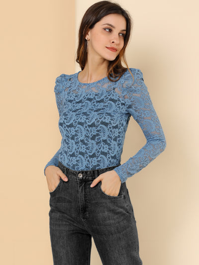 Retro Semi Sheer Puff Long Sleeve Embroidery Lace Blouse