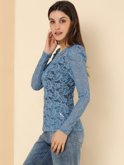 Retro Semi Sheer Puff Long Sleeve Embroidery Lace Blouse