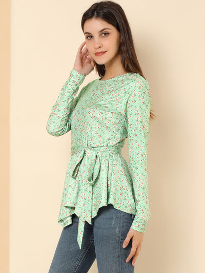 Floral Long Sleeve Asymmetrical Ruffle Hem Belted Flare Peplum Tops