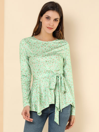 Floral Long Sleeve Asymmetrical Ruffle Hem Belted Flare Peplum Tops