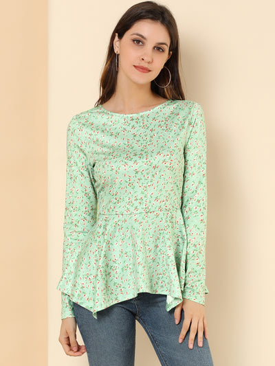 Floral Long Sleeve Asymmetrical Ruffle Hem Belted Flare Peplum Tops