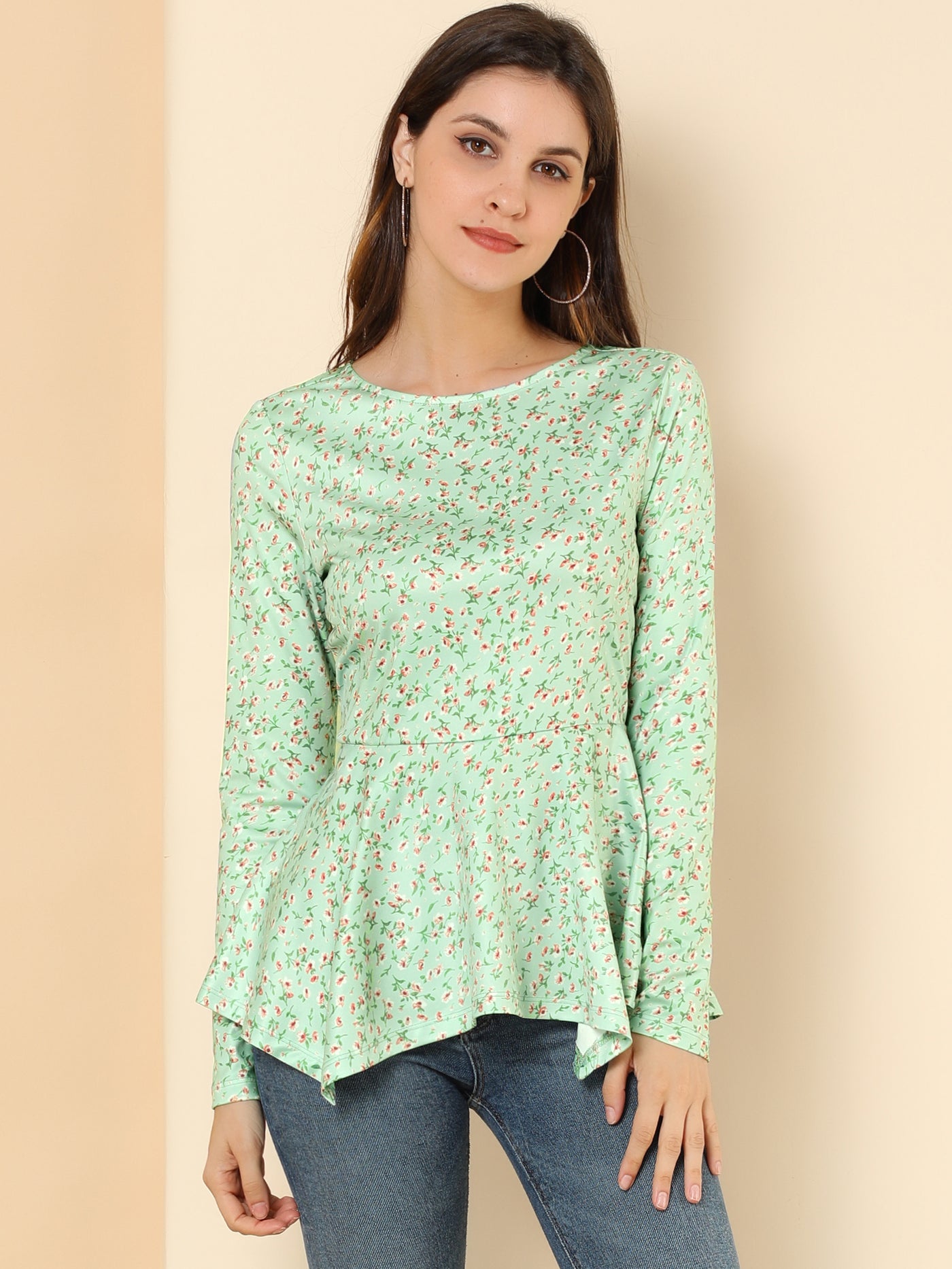 Allegra K Floral Long Sleeve Asymmetrical Ruffle Hem Belted Flare Peplum Tops