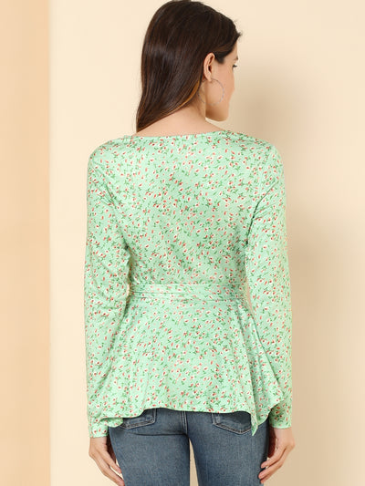 Floral Long Sleeve Asymmetrical Ruffle Hem Belted Flare Peplum Tops