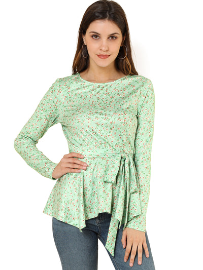 Floral Long Sleeve Asymmetrical Ruffle Hem Belted Flare Peplum Tops