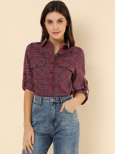 Roll Up Long Sleeve Christmas Button Down Plaid Flannel Shirt Top