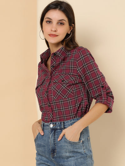 Roll Up Long Sleeve Christmas Button Down Plaid Flannel Shirt Top