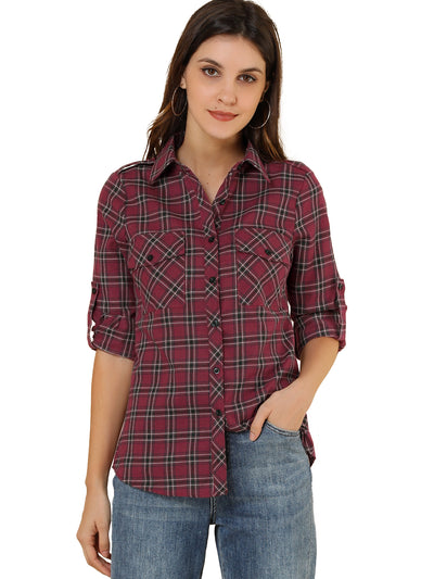 Roll Up Long Sleeve Christmas Button Down Plaid Flannel Shirt Top