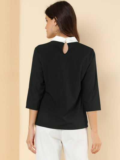 Contrast Point Collar 3/4 Sleeve Casual Chiffon Blouse Tops