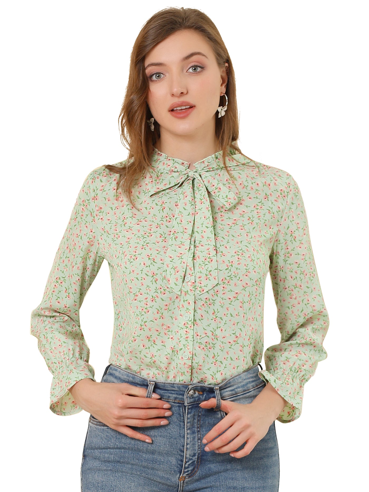 Allegra K Vintage Floral Tie Neck Long Sleeve Ruffled Collar Peasant Blouse