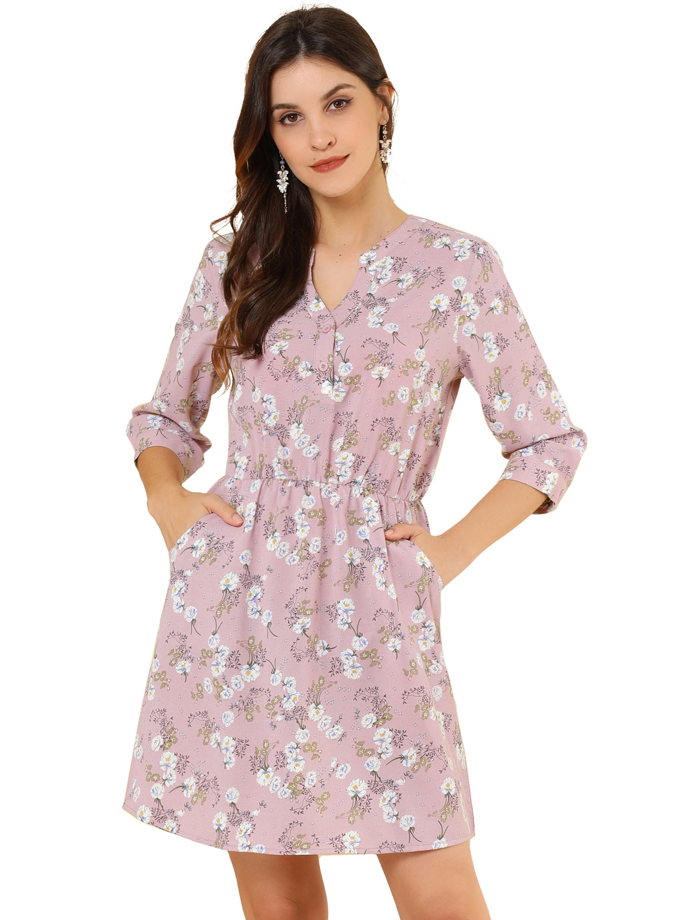 Allegra K Button-Up V Neck 3/4 Sleeve Floral T-Shirt Dress with Pockets