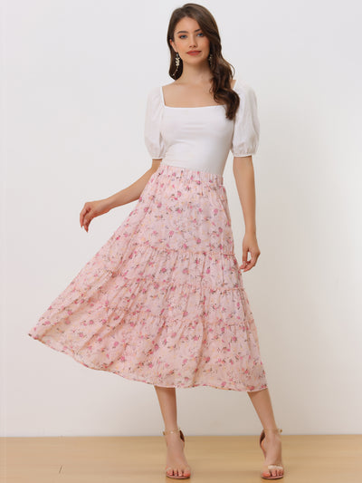 Chiffon Floral Printed Long Tiered Ruffle Boho Midi Skirt