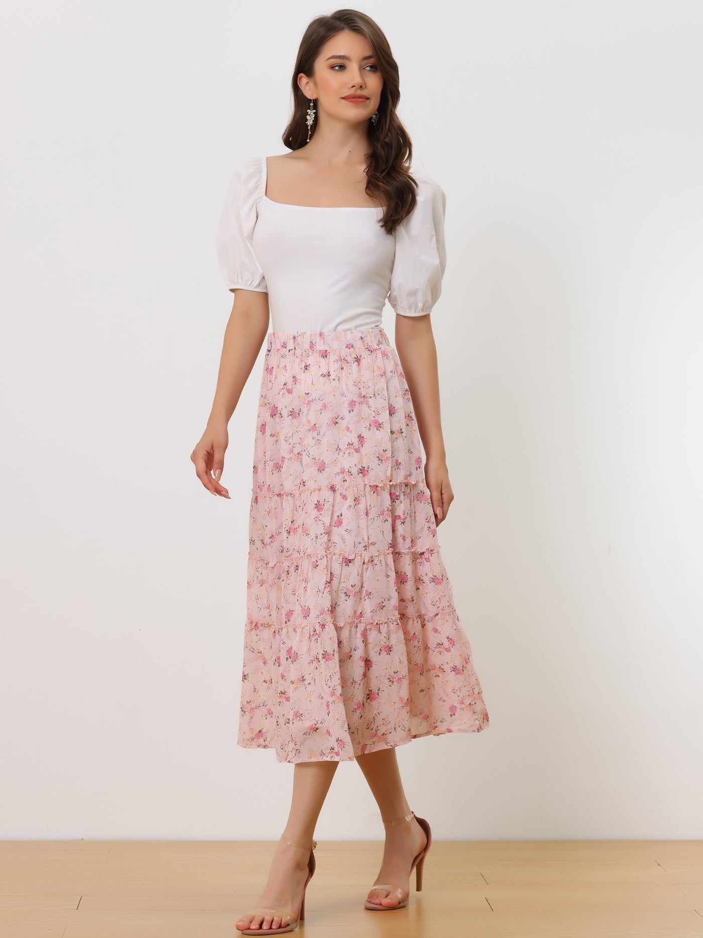 Allegra K Chiffon Floral Printed Long Tiered Ruffle Boho Midi Skirt