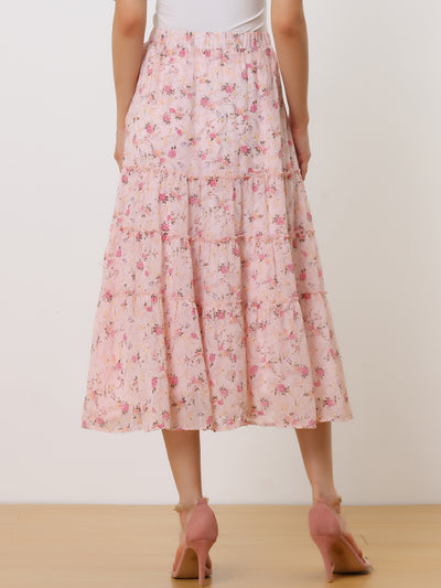 Chiffon Floral Printed Long Tiered Ruffle Boho Midi Skirt