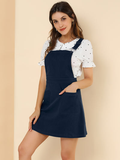 Adjustable Strap Suspender Skirt Pocket A-Line Pinafore Overall Dress