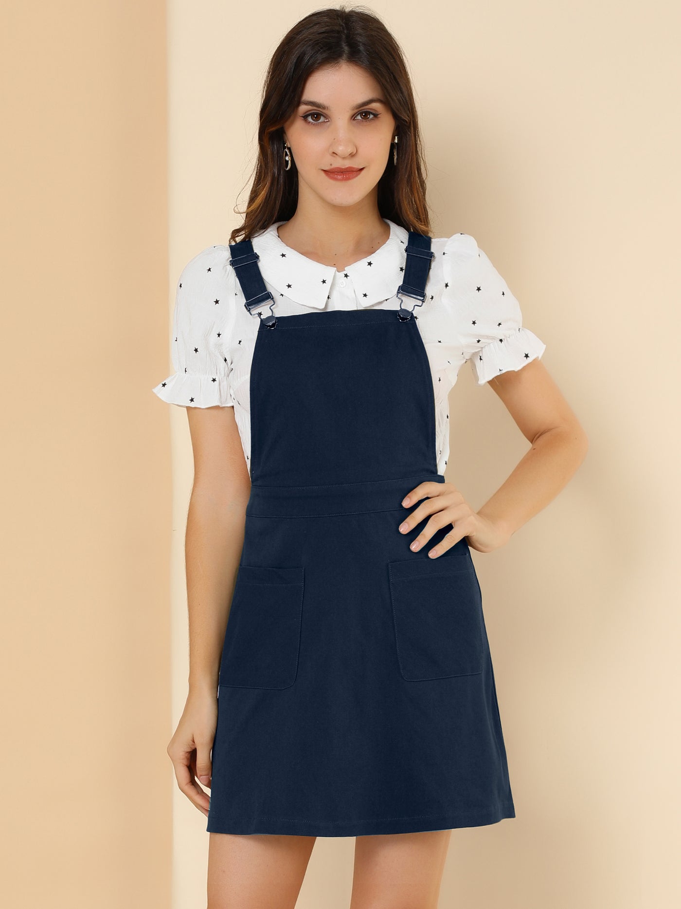 Allegra K Adjustable Strap Suspender Skirt Pocket A-Line Pinafore Overall Dress