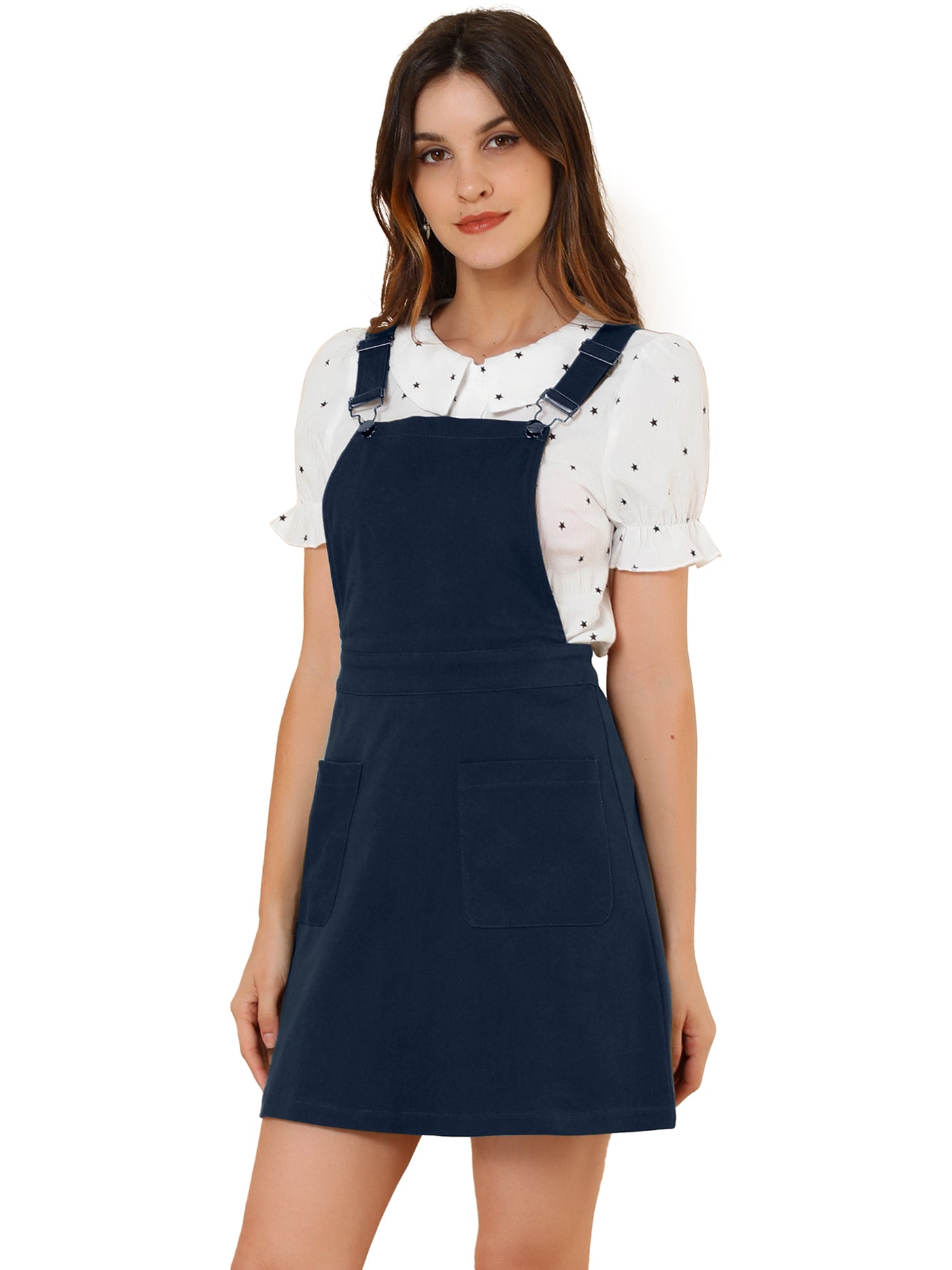 Allegra K Adjustable Strap Suspender Skirt Pocket A-Line Pinafore Overall Dress