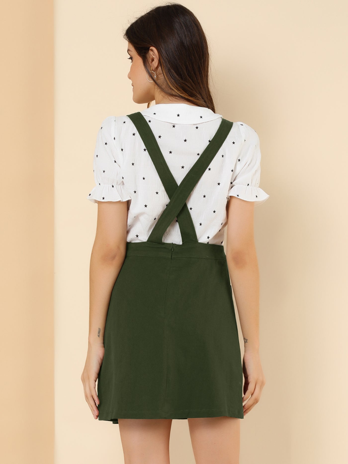 Allegra K Adjustable Strap Suspender Skirt Pocket A-Line Pinafore Overall Dress