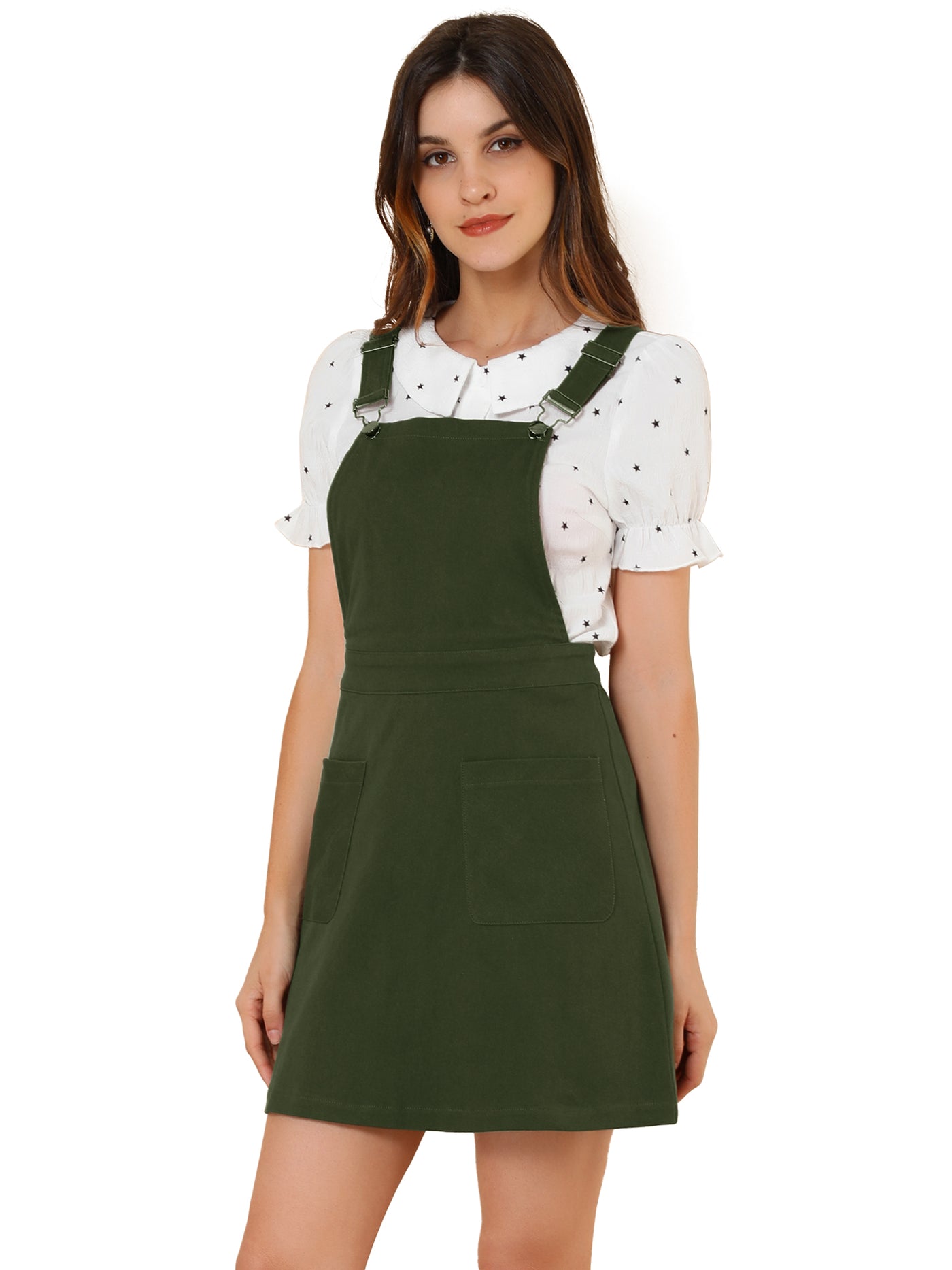 Allegra K Adjustable Strap Suspender Skirt Pocket A-Line Pinafore Overall Dress