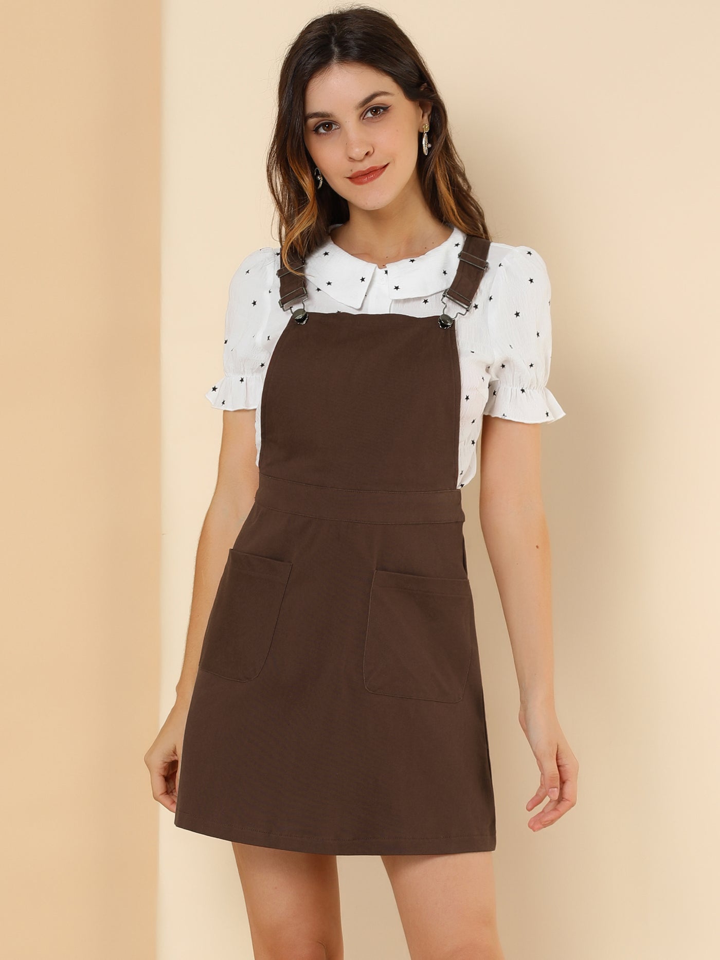 Allegra K Adjustable Strap Suspender Skirt Pocket A-Line Pinafore Overall Dress