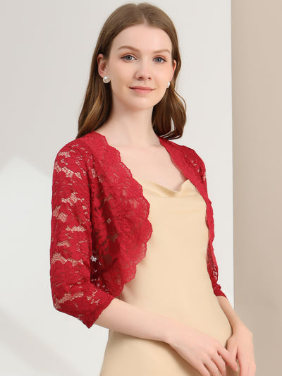 3/4 Sleeves Sheer Floral Lace Cropped Bolero Shrug