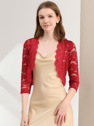 3/4 Sleeves Sheer Floral Lace Cropped Bolero Shrug