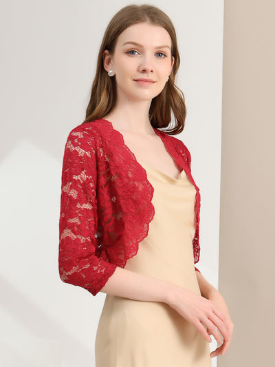 3/4 Sleeves Sheer Floral Lace Cropped Bolero Shrug