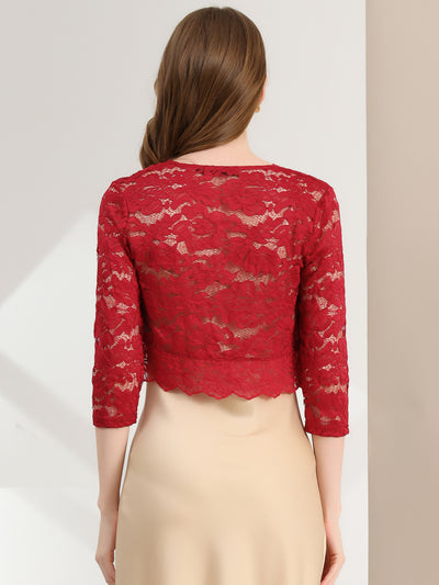 3/4 Sleeves Sheer Floral Lace Cropped Bolero Shrug