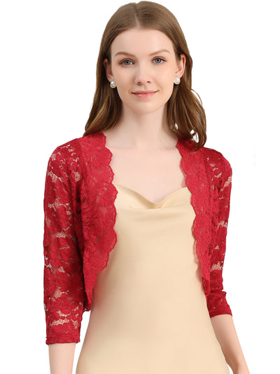 3/4 Sleeves Sheer Floral Lace Cropped Bolero Shrug