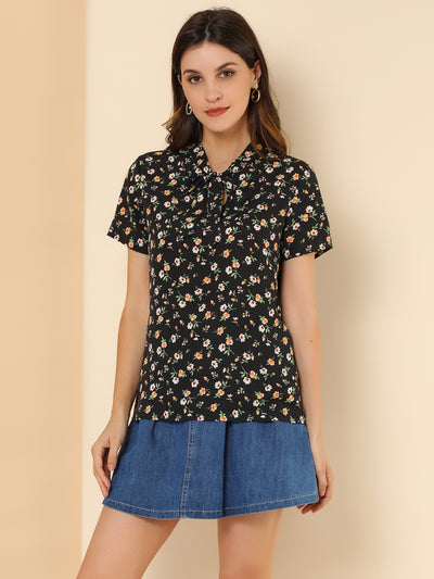 Bow Tie Neck Short Sleeve Printed Chiffon Blouse