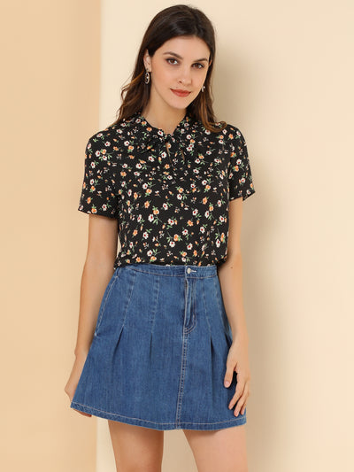 Bow Tie Neck Short Sleeve Printed Chiffon Blouse