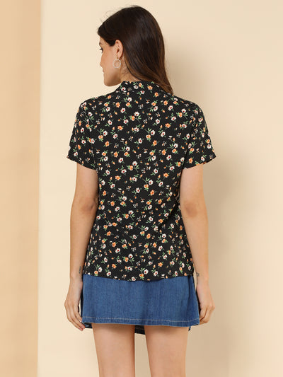 Bow Tie Neck Short Sleeve Printed Chiffon Blouse