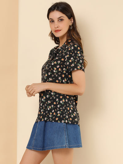 Bow Tie Neck Short Sleeve Printed Chiffon Blouse