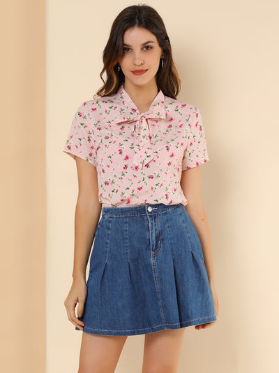 Bow Tie Neck Short Sleeve Printed Chiffon Blouse