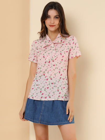 Bow Tie Neck Short Sleeve Printed Chiffon Blouse