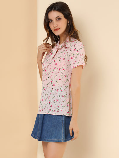 Bow Tie Neck Short Sleeve Printed Chiffon Blouse