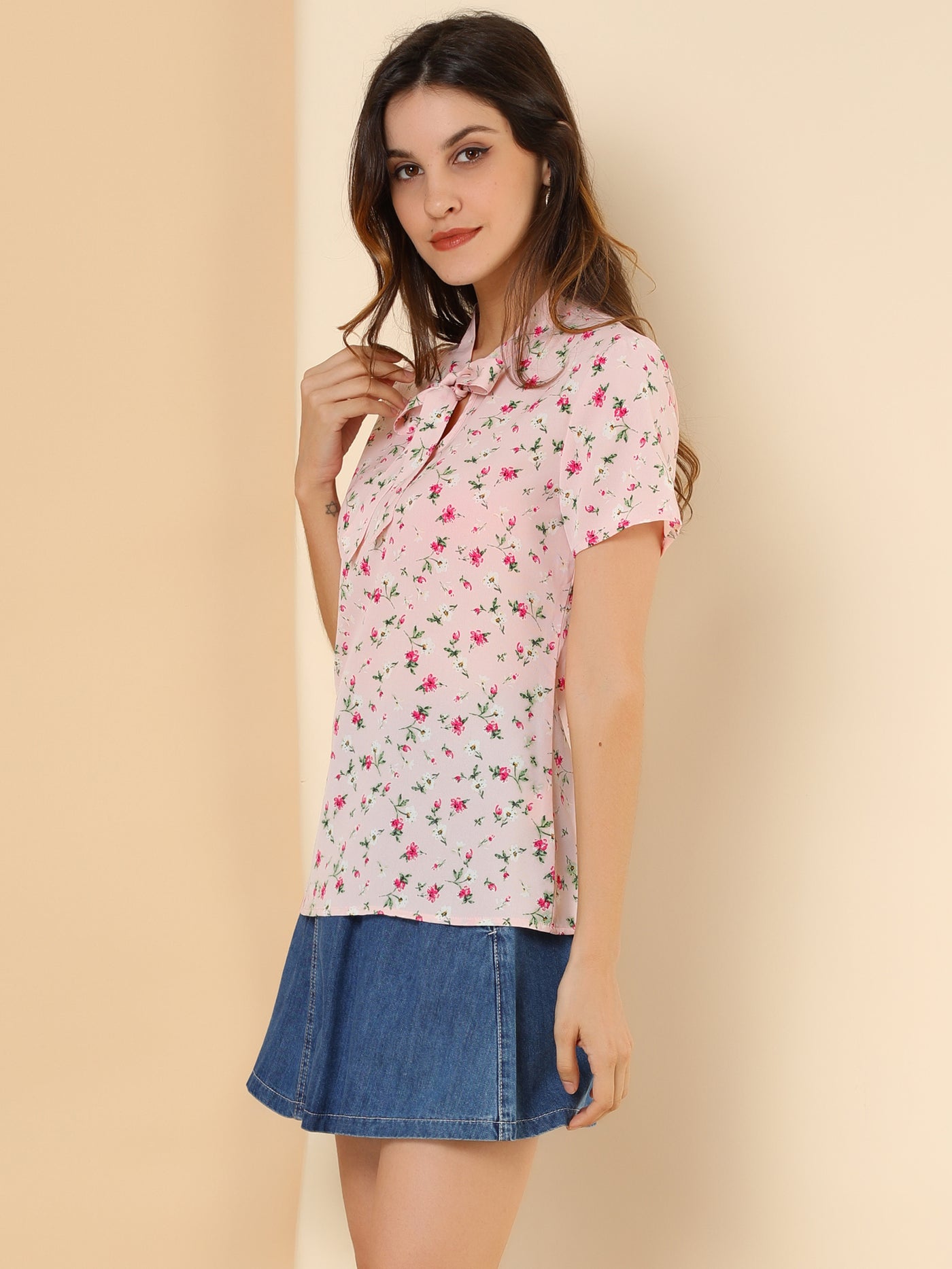 Allegra K Bow Tie Neck Short Sleeve Printed Chiffon Blouse