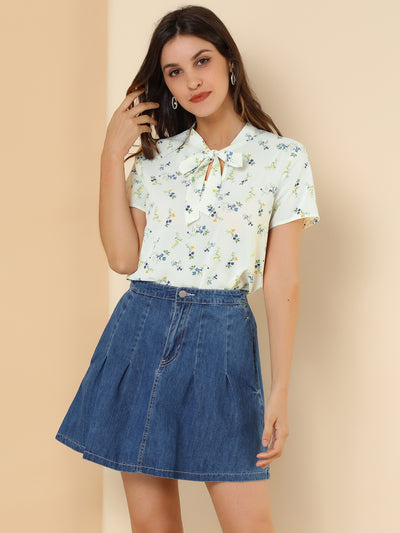 Bow Tie Neck Short Sleeve Printed Chiffon Blouse