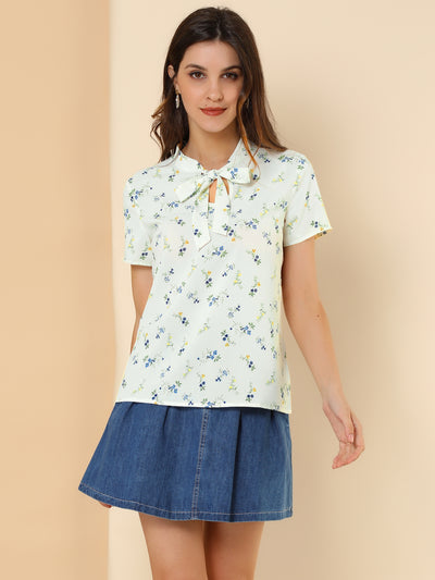 Bow Tie Neck Short Sleeve Printed Chiffon Blouse