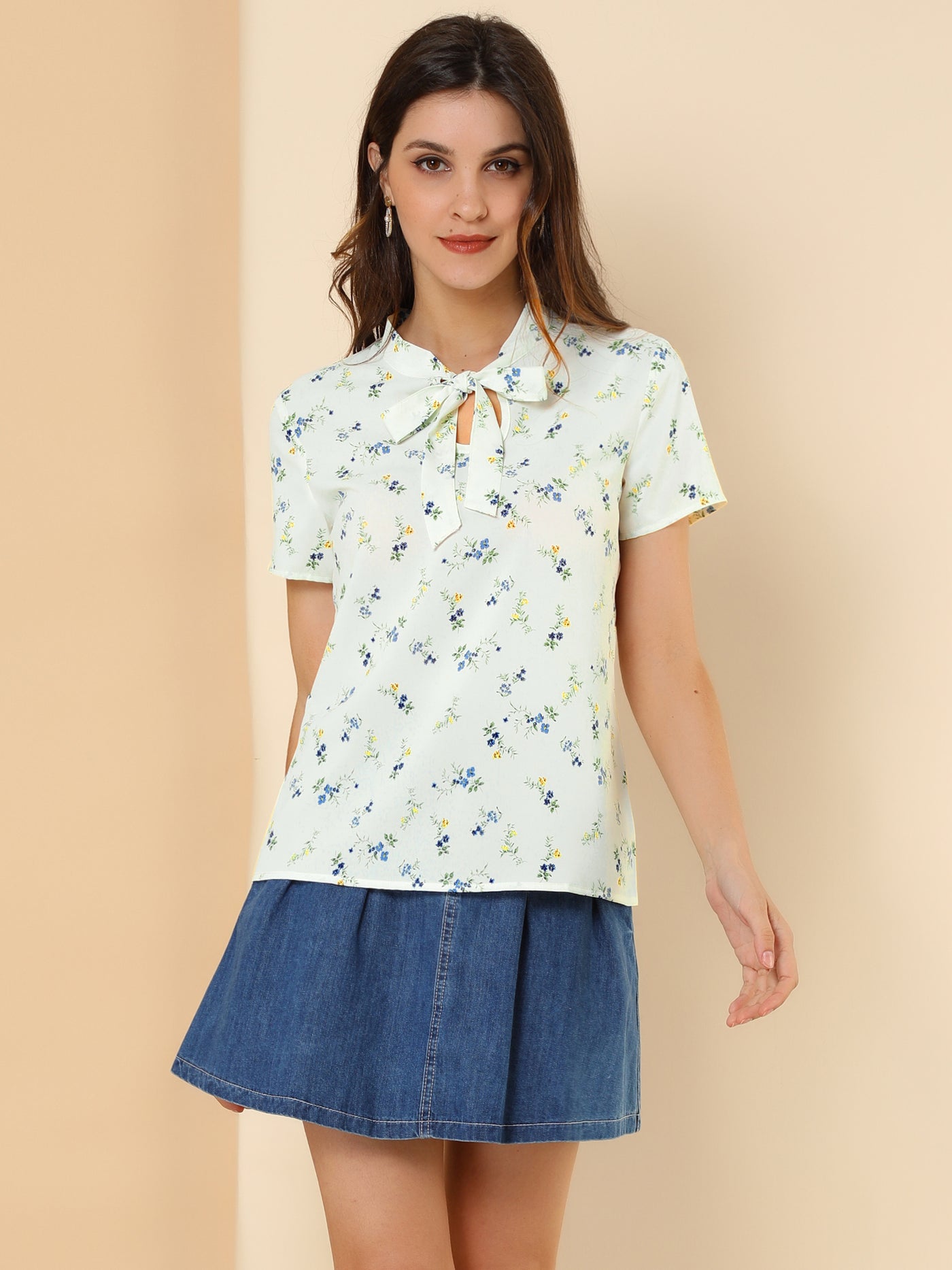 Allegra K Bow Tie Neck Short Sleeve Printed Chiffon Blouse