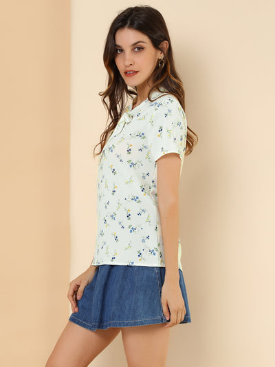 Bow Tie Neck Short Sleeve Printed Chiffon Blouse