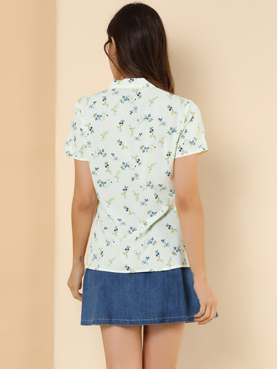 Bow Tie Neck Short Sleeve Printed Chiffon Blouse