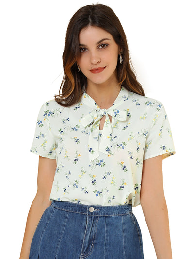 Bow Tie Neck Short Sleeve Printed Chiffon Blouse