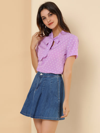 Bow Tie Neck Short Sleeve Printed Chiffon Blouse