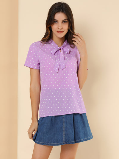 Bow Tie Neck Short Sleeve Printed Chiffon Blouse