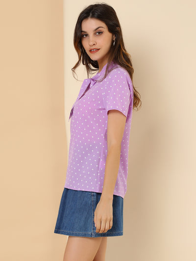 Bow Tie Neck Short Sleeve Printed Chiffon Blouse