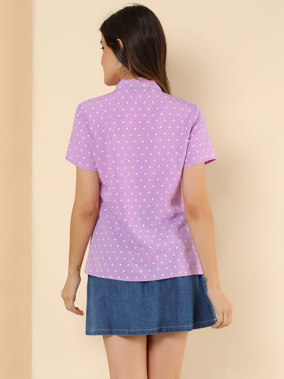 Bow Tie Neck Short Sleeve Printed Chiffon Blouse