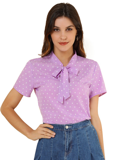 Bow Tie Neck Short Sleeve Printed Chiffon Blouse