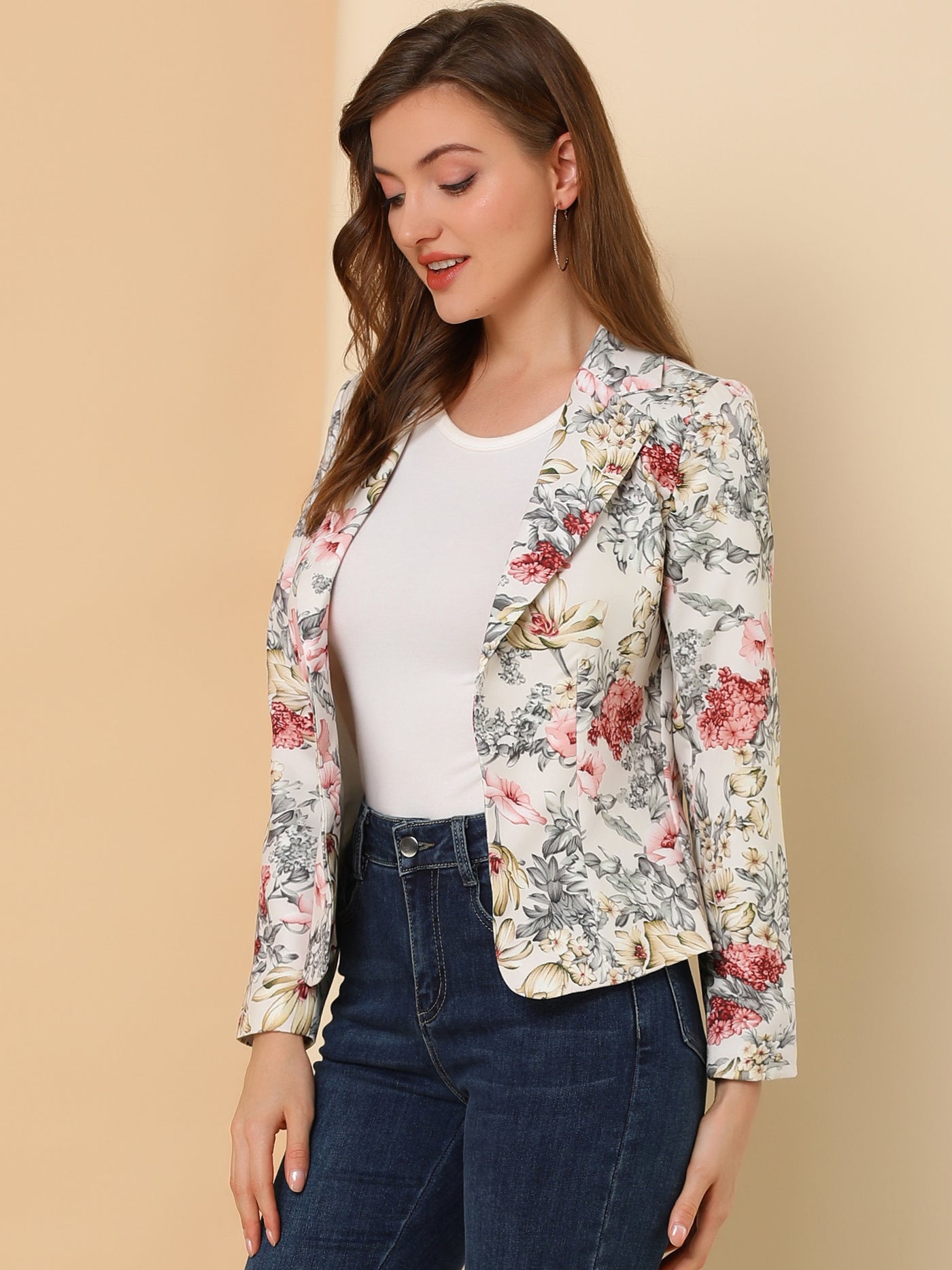 Allegra K Open Front Notch Lapel Floral Business Casual Suit Blazer