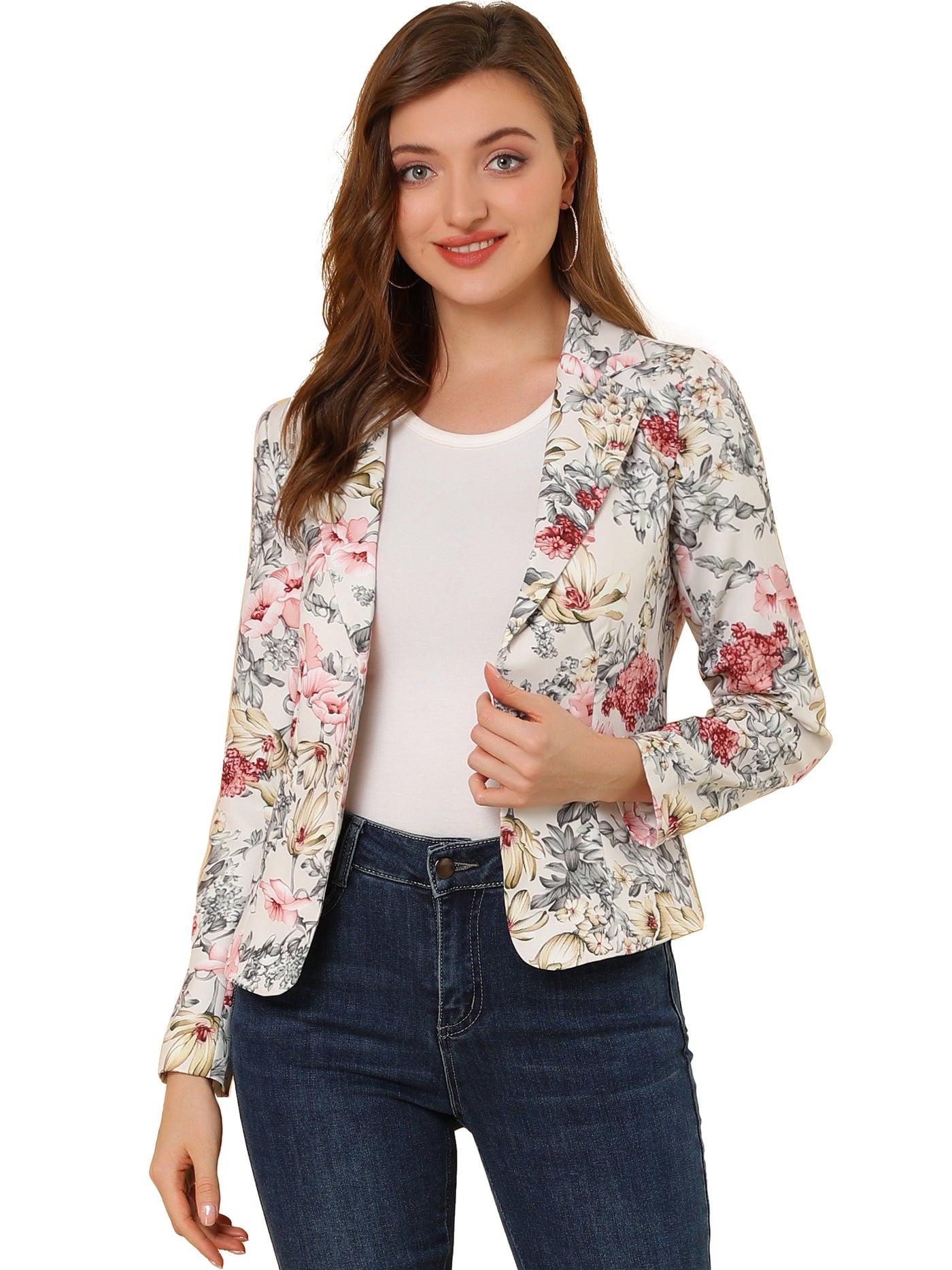 Allegra K Open Front Notch Lapel Floral Business Casual Suit Blazer