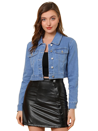 Casual Cropped Button Down Long Sleeve Basic Jean Denim Jacket